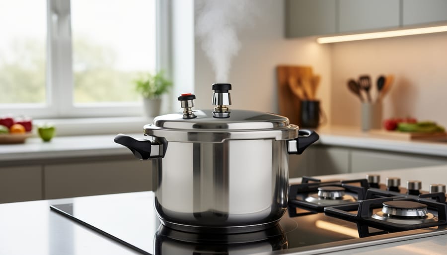 Stainless-steel pressure cooker with lid closed on a kitchen stove with slight steam near the vent