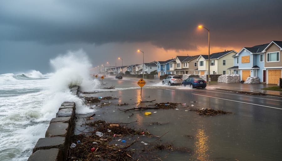 Waves hitting a coastal seawall during a storm tide, showing climate-related coastal risk.