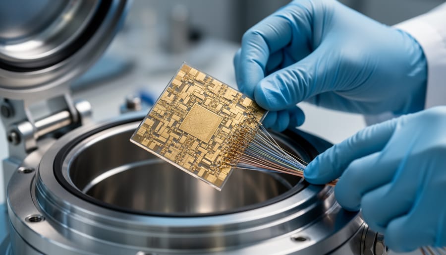 Technician’s gloved hands placing a precision chip module into a cryogenic container in a lab