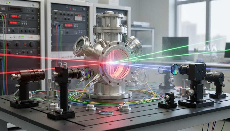 Vacuum chamber and precision lab hardware with faint blue laser light in a research setting
