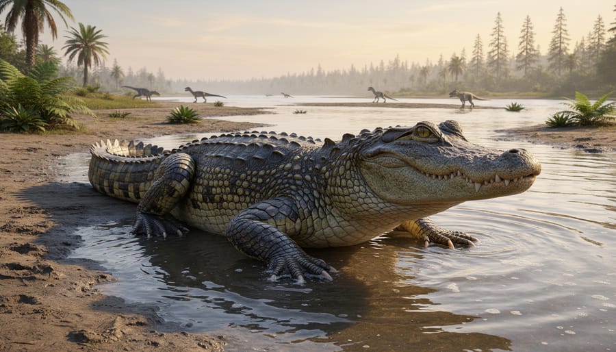 Crocodile-like crocodylomorph silhouette at the edge of a Triassic coastal landscape in warm golden light