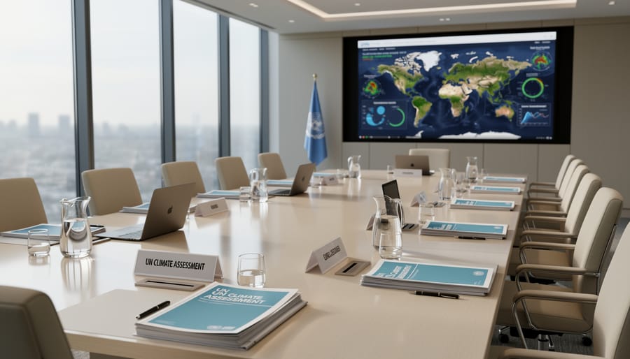 Empty lectern and microphone in a UN-style conference room representing climate assessment updates.