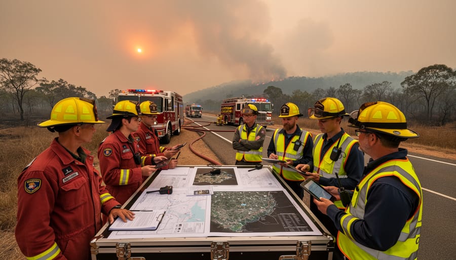 Wildfire smoke covering a roadside with emergency responders visible in the distance