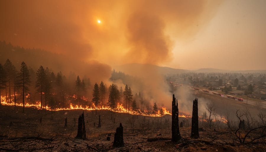 Firefighters stand near a smoke-filled forest edge with charred trees in the foreground