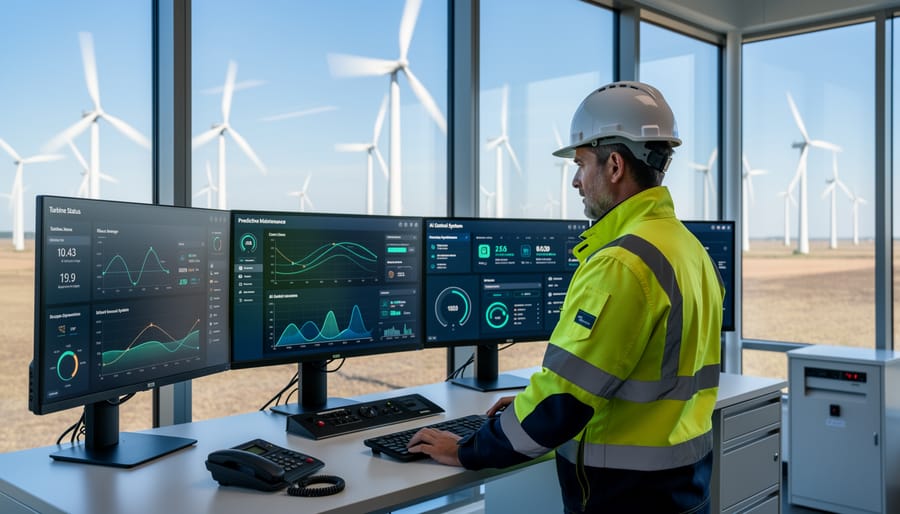 Technician holding a tablet inside a wind turbine area with rotating blades blurred outside.