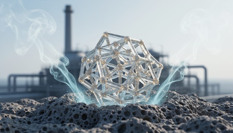 Close-up view of porous zeolite crystals with subtle gas-like plumes entering microscopic pores, with a blurred industrial carbon capture setting in the background.
