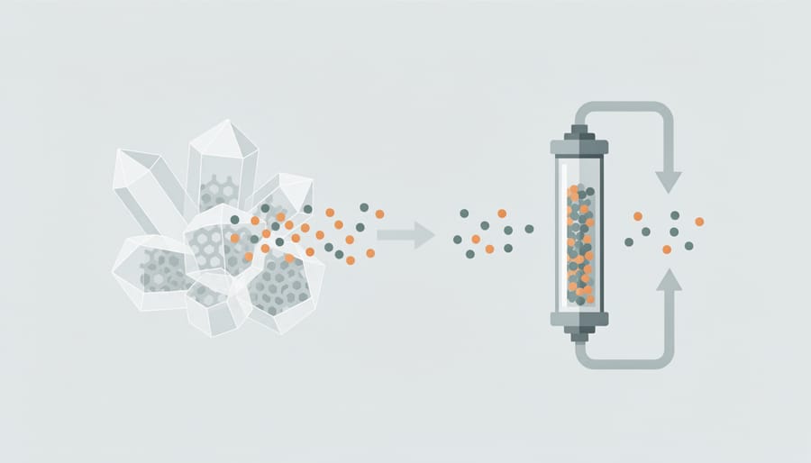 Conceptual close-up of zeolite-like crystalline beads and a respirator filter cartridge on a laboratory tray