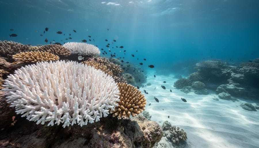 A researcher photographing pale bleached coral in shallow ocean water.