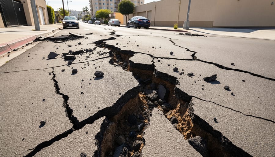 Close-up of cracked concrete pavement showing hairline fractures