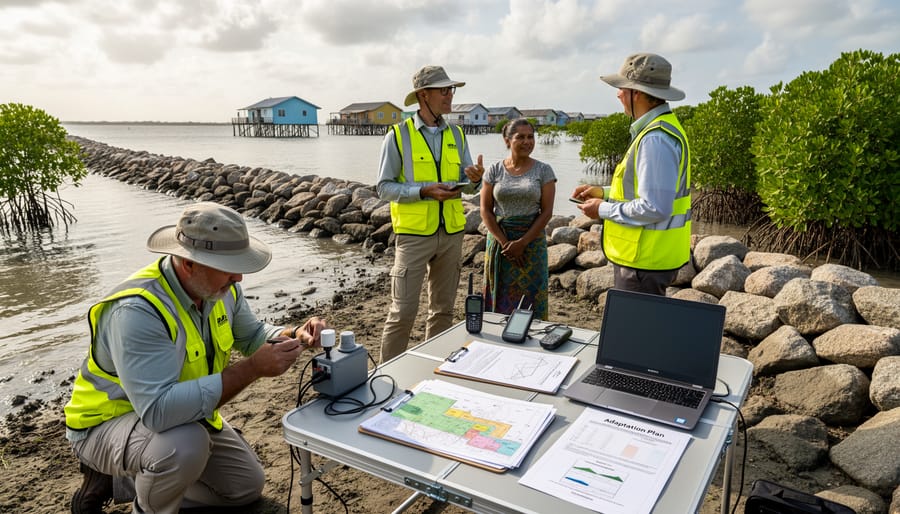 Researchers preparing climate field instruments near a riverbank
