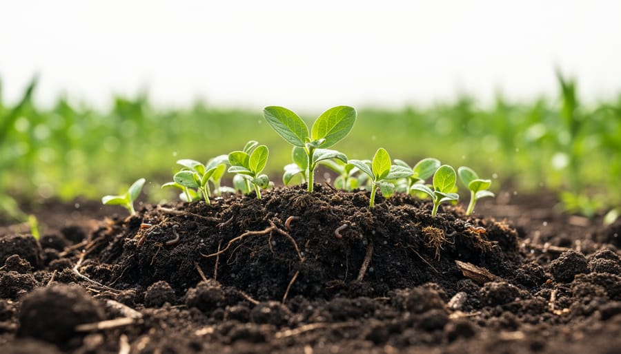 Macro view of dark healthy soil with visible roots and organic material in the top layer.