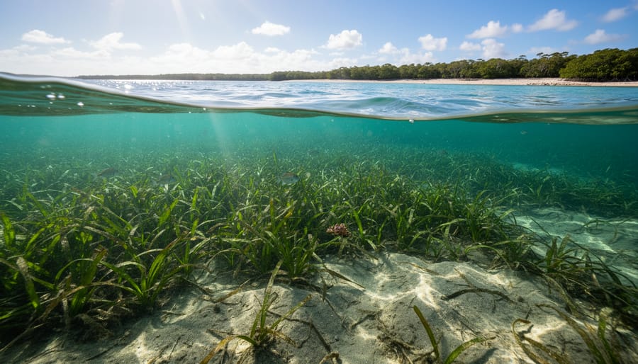 Seagrass blades growing underwater in a sunlit coastal area, illustrating a blue carbon habitat.