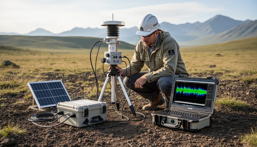 Seismologist kneeling beside a seismic sensor station on rocky ground outdoors