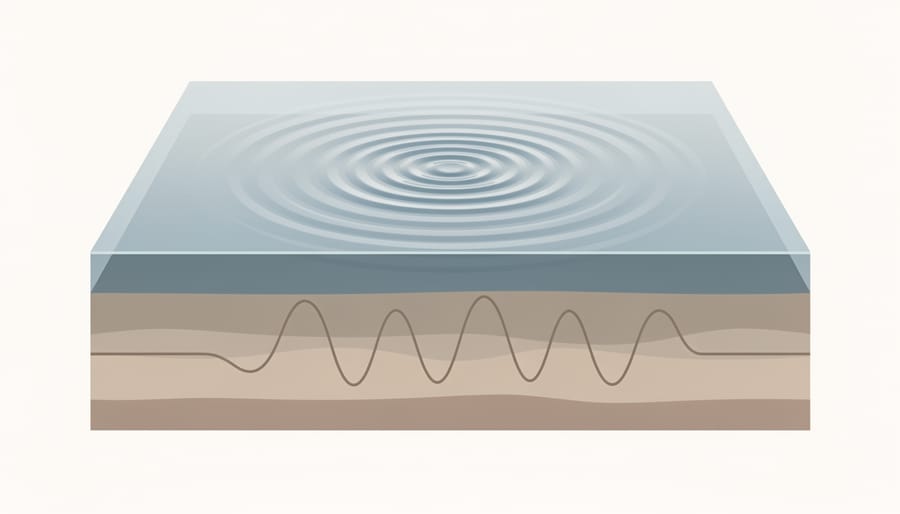 Glass of water with subtle ripples suggesting vibration and ground motion in a scientific setting