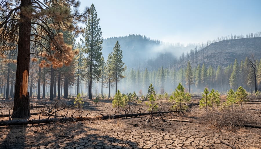 Smoky, fire-impacted forest with charred trees and surviving greenery under hazy conditions.
